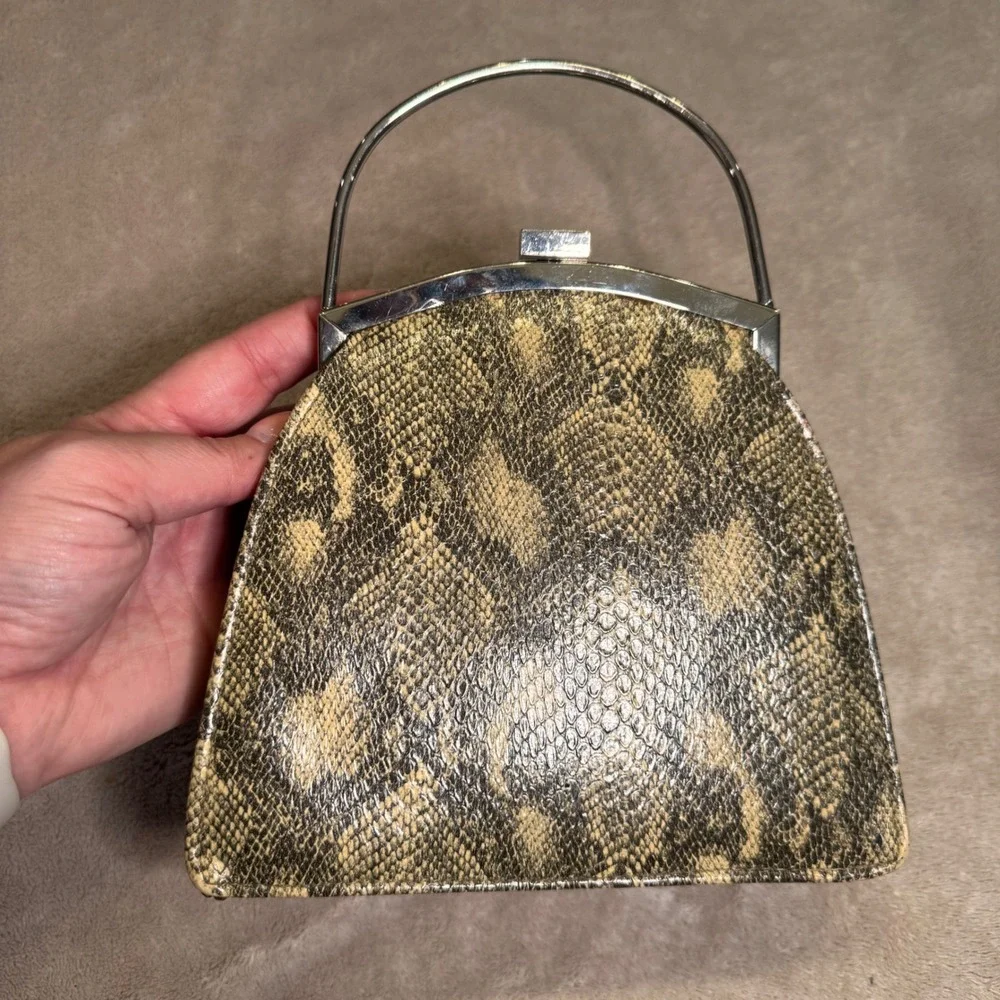 Vintage Snake‎ Print Handbag Top Handle Clutch Old Hollywood Glam Evening Bag